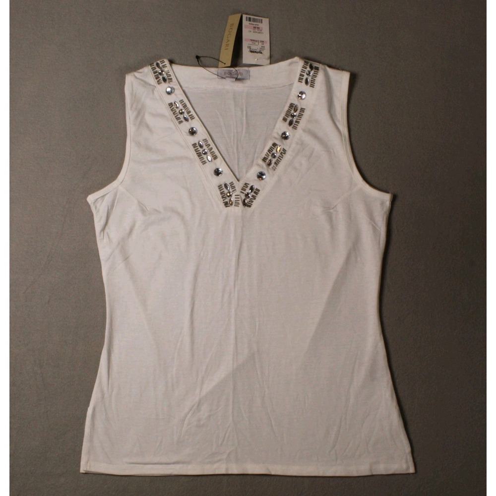Bogari White Embellished Tank Top‎ Womens L Y2K Glam Rhinestone Party Going Out